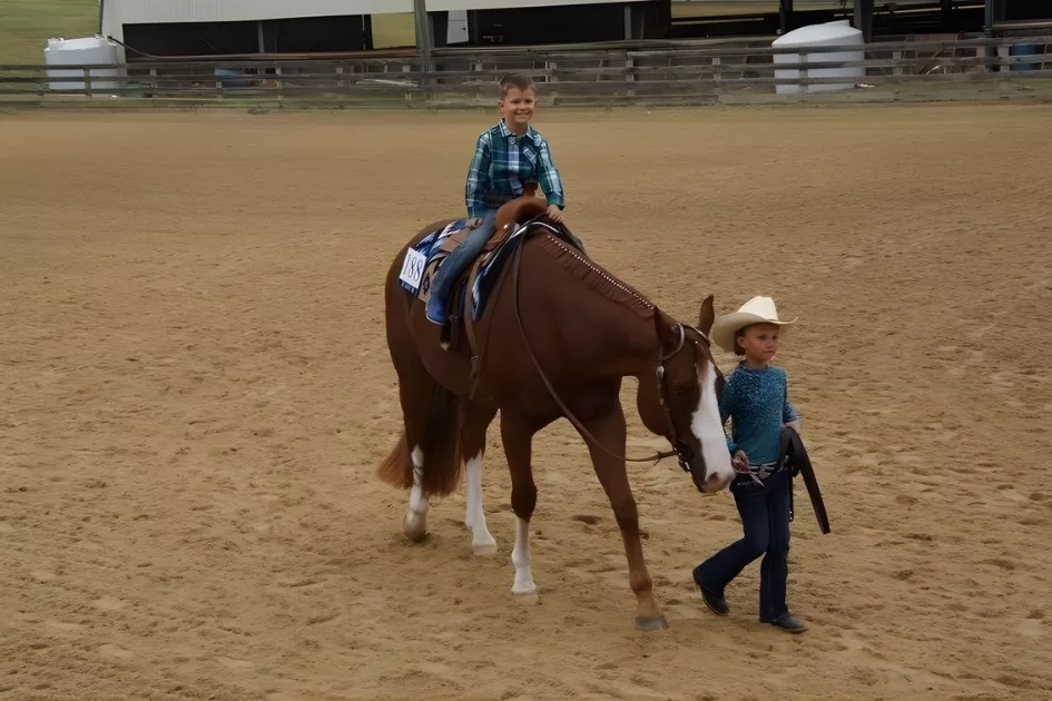 Adult leading a horse with a child rider in an arena