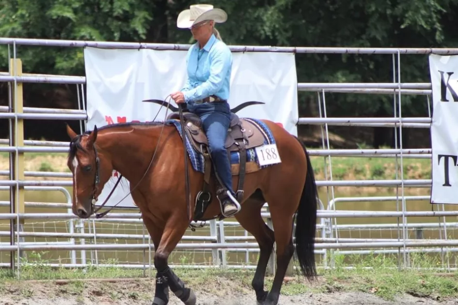Western rider on a bay horse in an arena